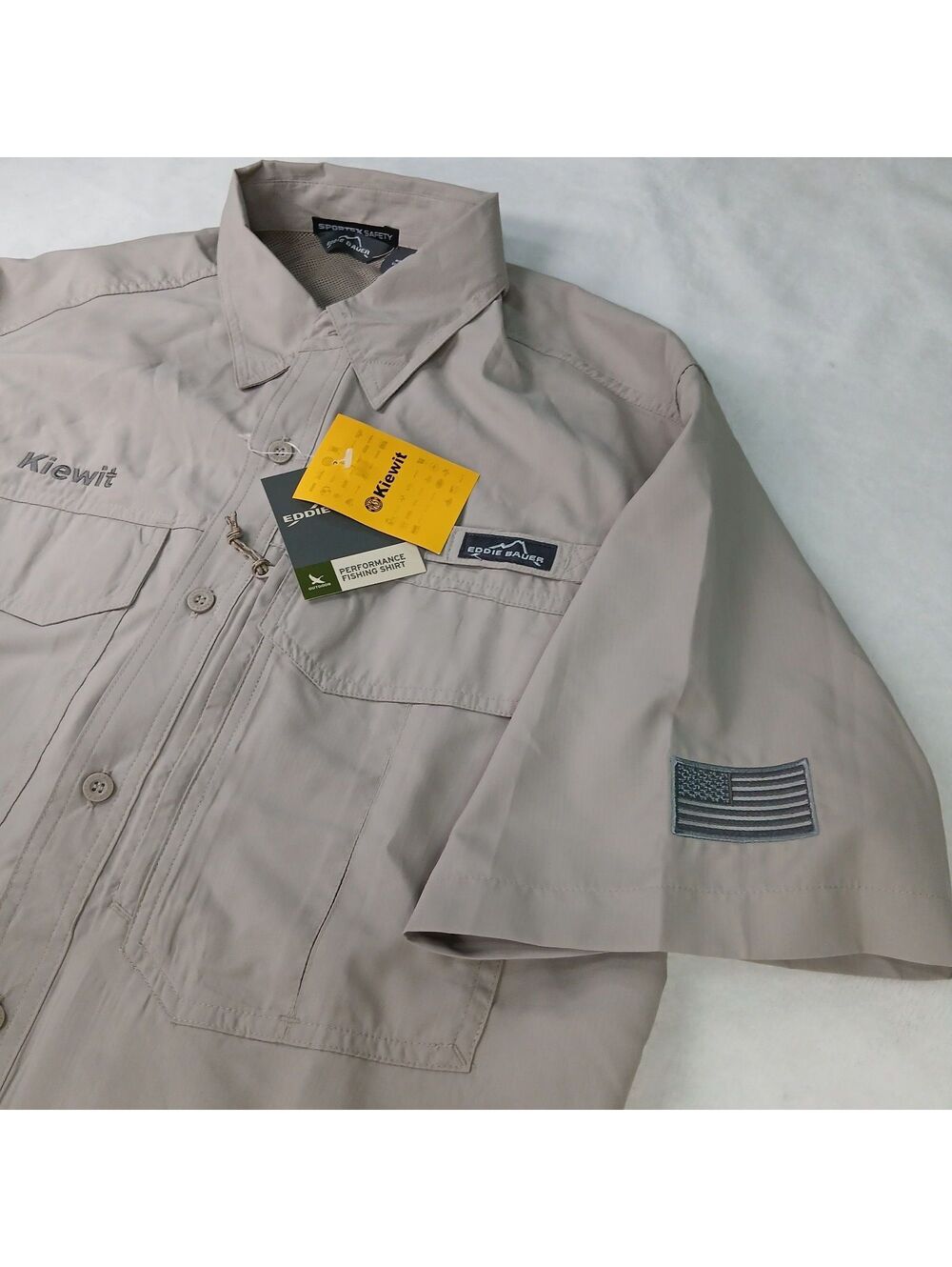 Eddie Bauer Kiewit Performance Fishing Shirt Men Large L Short Sleeve Khaki Work